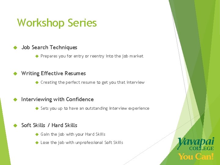 Workshop Series Job Search Techniques Prepares you for entry or reentry into the job