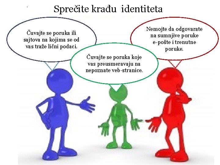 Sprečite krađu identiteta Nemojte da odgovarate na sumnjive poruke e-pošte i trenutne poruke. Čuvajte