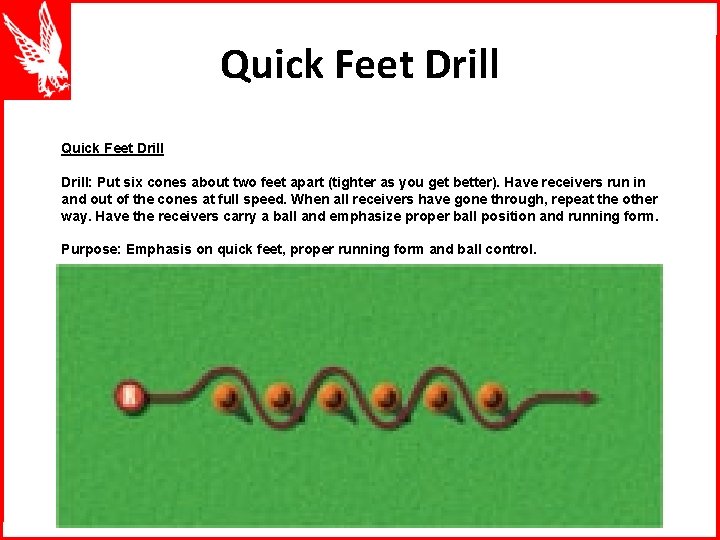 Quick Feet Drill: Put six cones about two feet apart (tighter as you get
