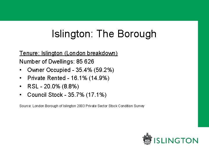 Islington: The Borough Tenure: Islington (London breakdown) Number of Dwellings: 85 626 • Owner