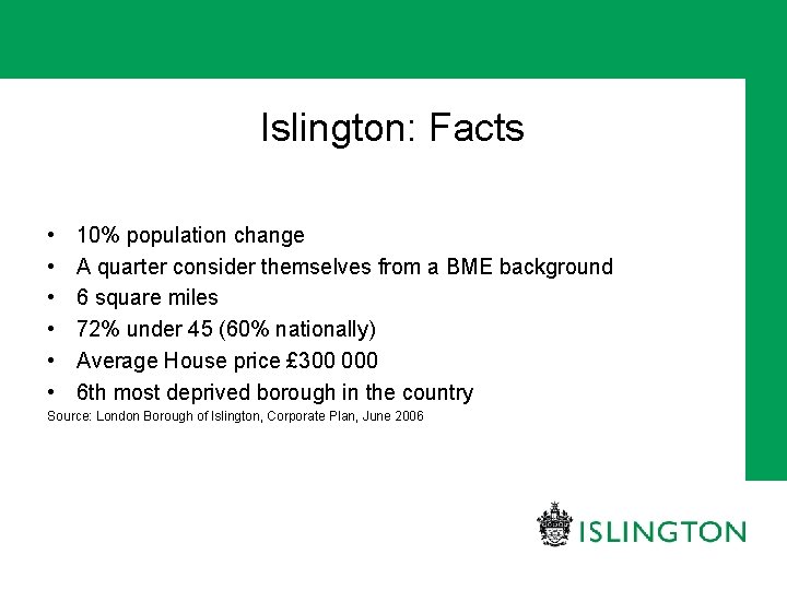 Islington: Facts • • • 10% population change A quarter consider themselves from a