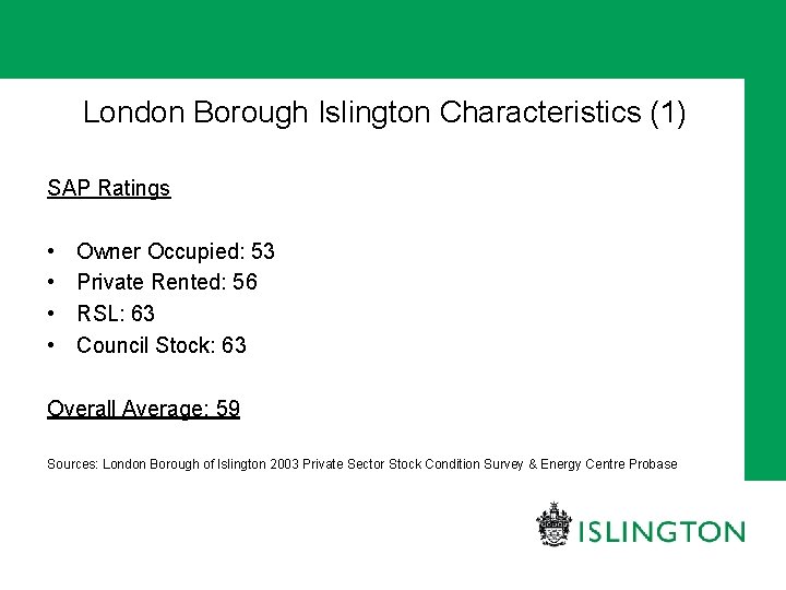 London Borough Islington Characteristics (1) SAP Ratings • • Owner Occupied: 53 Private Rented: