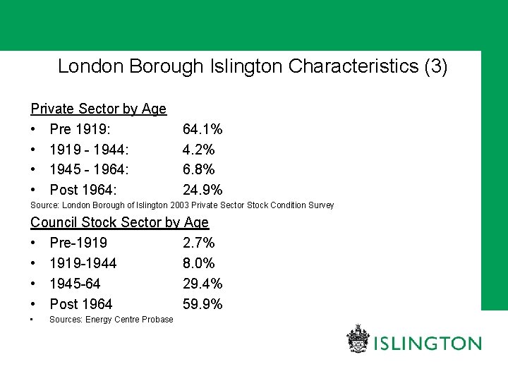 London Borough Islington Characteristics (3) Private Sector by Age • Pre 1919: • 1919