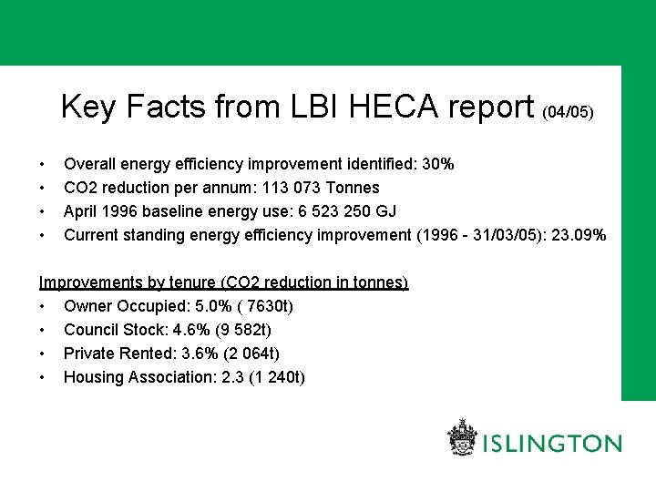 Key Facts from LBI HECA report (04/05) • • Overall energy efficiency improvement identified: