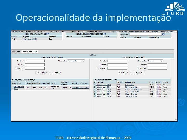 Operacionalidade da implementação FURB – Universidade Regional de Blumenau – 2009 