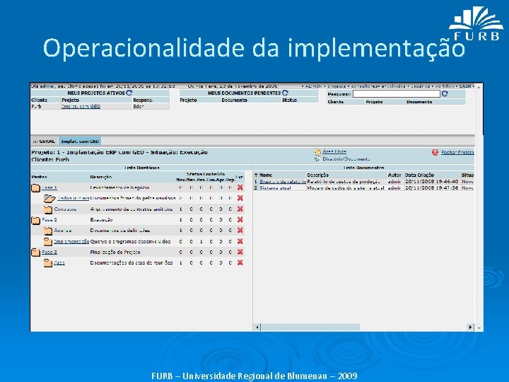 Operacionalidade da implementação FURB – Universidade Regional de Blumenau – 2009 