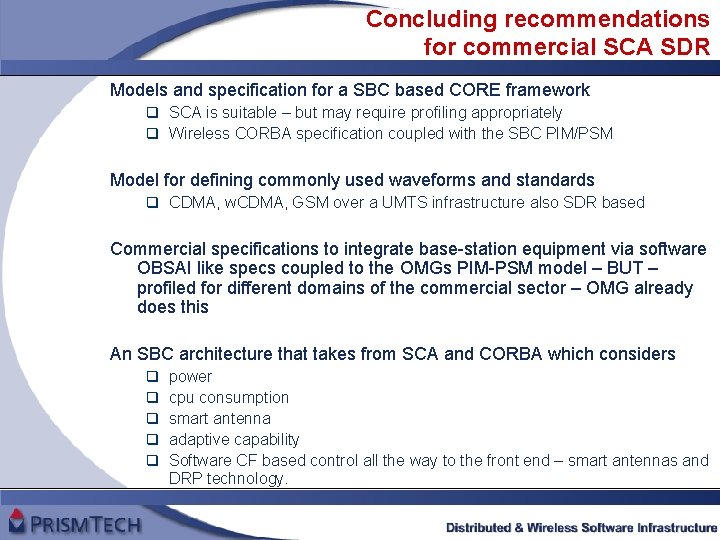 Concluding recommendations for commercial SCA SDR Models and specification for a SBC based CORE