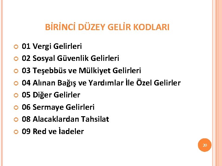 BİRİNCİ DÜZEY GELİR KODLARI 01 Vergi Gelirleri 02 Sosyal Güvenlik Gelirleri 03 Teşebbüs ve