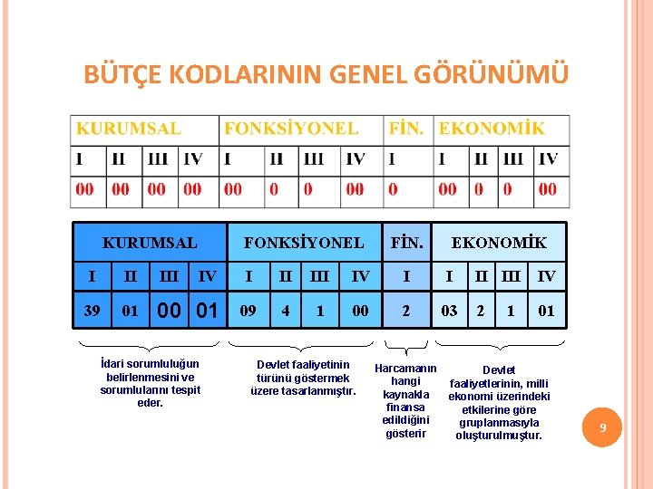 BÜTÇE KODLARININ GENEL GÖRÜNÜMÜ KURUMSAL FONKSİYONEL I II IV 39 01 00 01 İdari