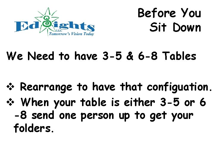 Before You Sit Down We Need to have 3 -5 & 6 -8 Tables