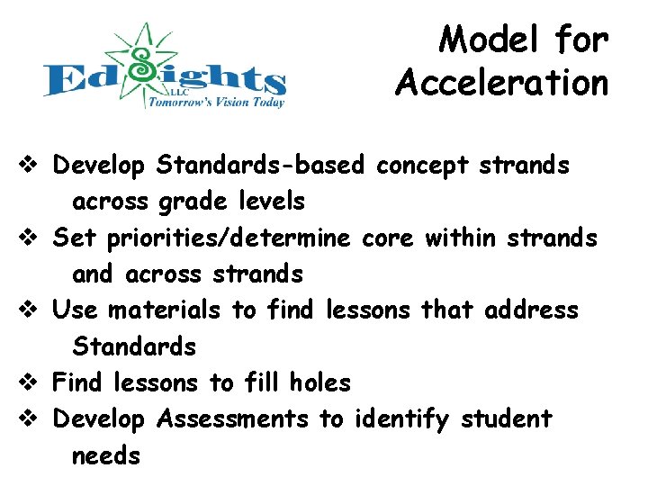 Model for Acceleration v Develop Standards-based concept strands across grade levels v Set priorities/determine