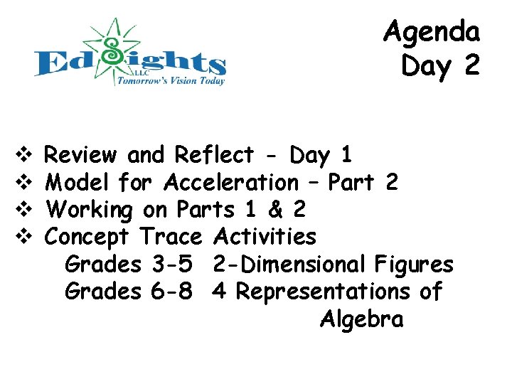 Agenda Day 2 v v Review and Reflect - Day 1 Model for Acceleration