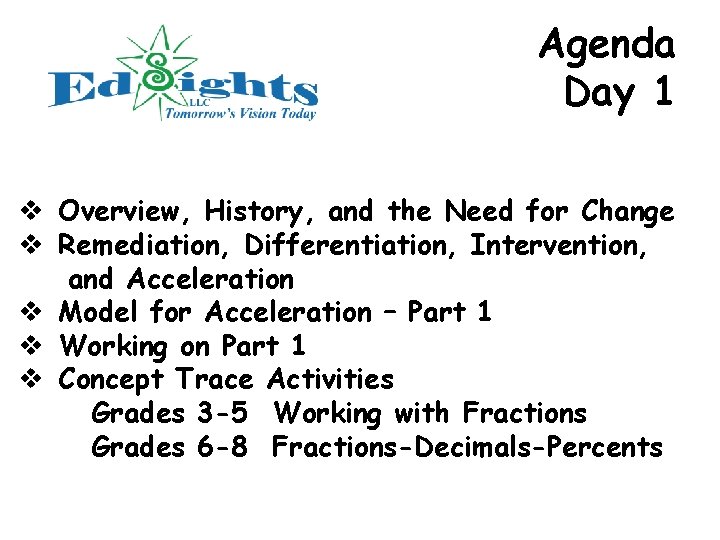Agenda Day 1 v Overview, History, and the Need for Change v Remediation, Differentiation,