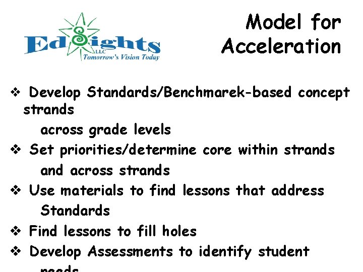 Model for Acceleration v Develop Standards/Benchmarek-based concept strands across grade levels v Set priorities/determine