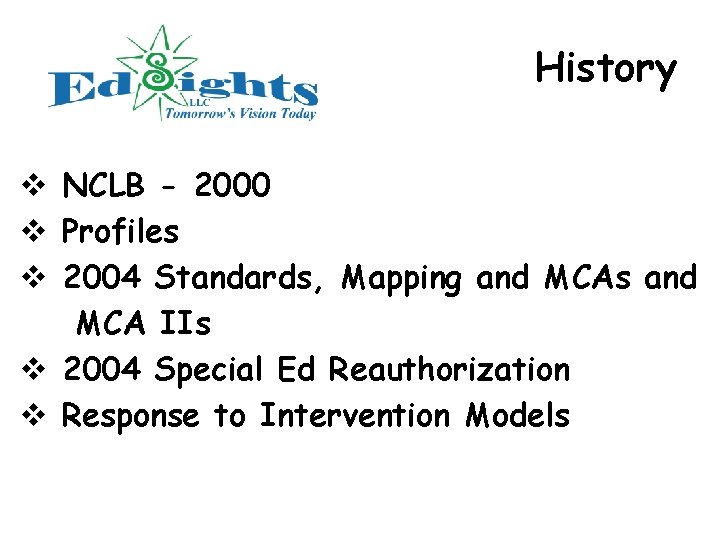 History v NCLB - 2000 v Profiles v 2004 Standards, Mapping and MCAs and