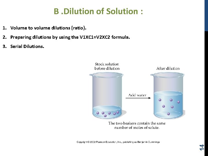 B. Dilution of Solution : 1. Volume to volume dilutions (ratio). 2. Preparing dilutions