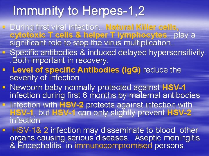  Immunity to Herpes-1, 2 § During first viral infection. . Natural Killer cells,