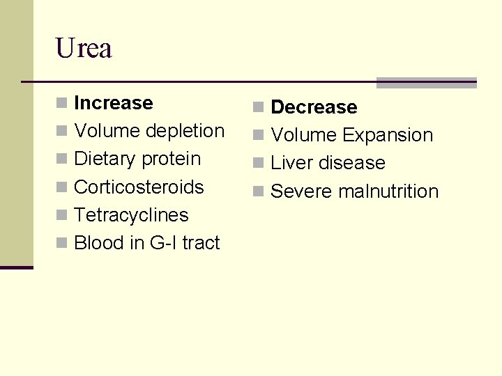Urea n Increase n Decrease n Volume depletion n Volume Expansion n Dietary protein