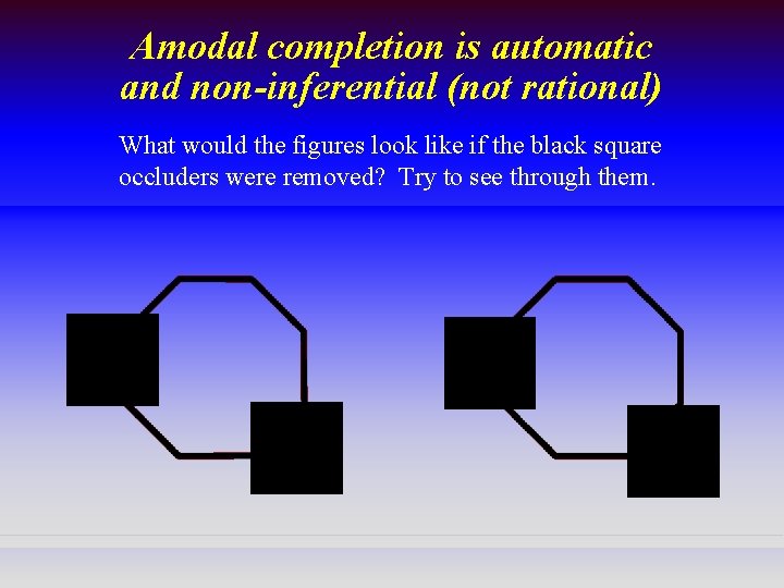 Amodal completion is automatic and non-inferential (not rational) What would the figures look like