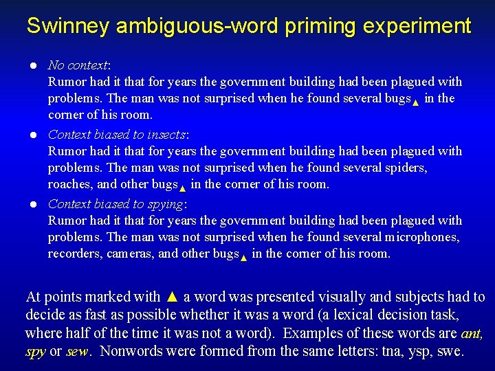 Swinney ambiguous-word priming experiment No context: Rumor had it that for years the government