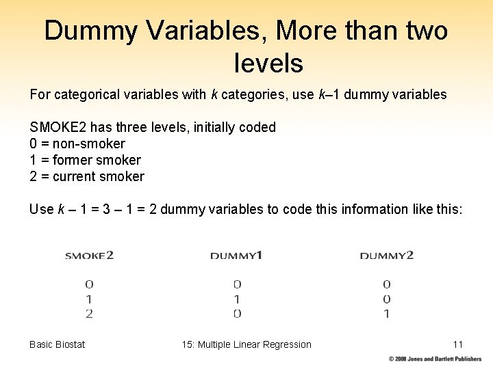 Dummy Variables, More than two levels For categorical variables with k categories, use k–