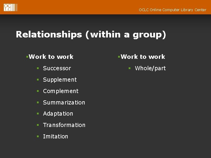 OCLC Online Computer Library Center Relationships (within a group) §Work to work § Successor