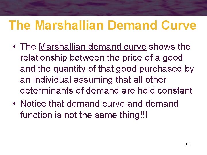 The Marshallian Demand Curve • The Marshallian demand curve shows the relationship between the