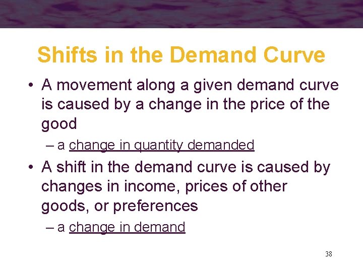 Shifts in the Demand Curve • A movement along a given demand curve is