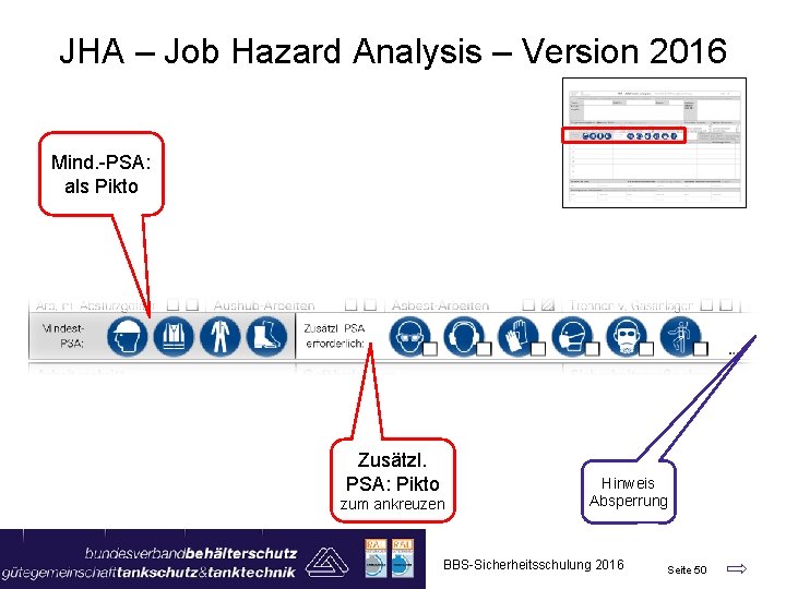 JHA – Job Hazard Analysis – Version 2016 Mind. -PSA: als Pikto Zusätzl. PSA: