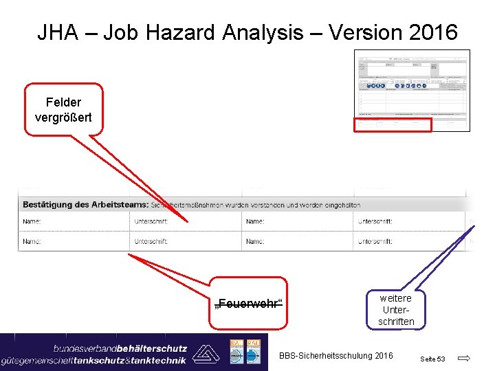 JHA – Job Hazard Analysis – Version 2016 Felder vergrößert „Feuerwehr“ weitere Unterschriften BBS-Sicherheitsschulung