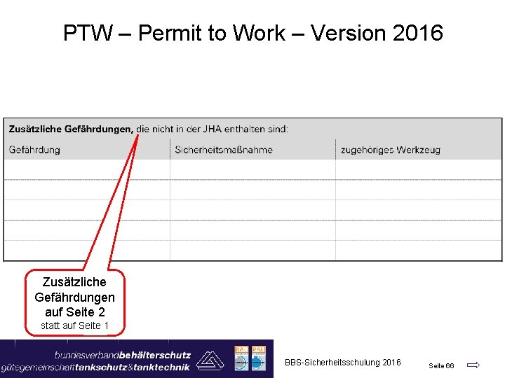 PTW – Permit to Work – Version 2016 Zusätzliche Gefährdungen auf Seite 2 statt