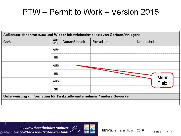 PTW – Permit to Work – Version 2016 Mehr Platz BBS-Sicherheitsschulung 2016 Seite 67