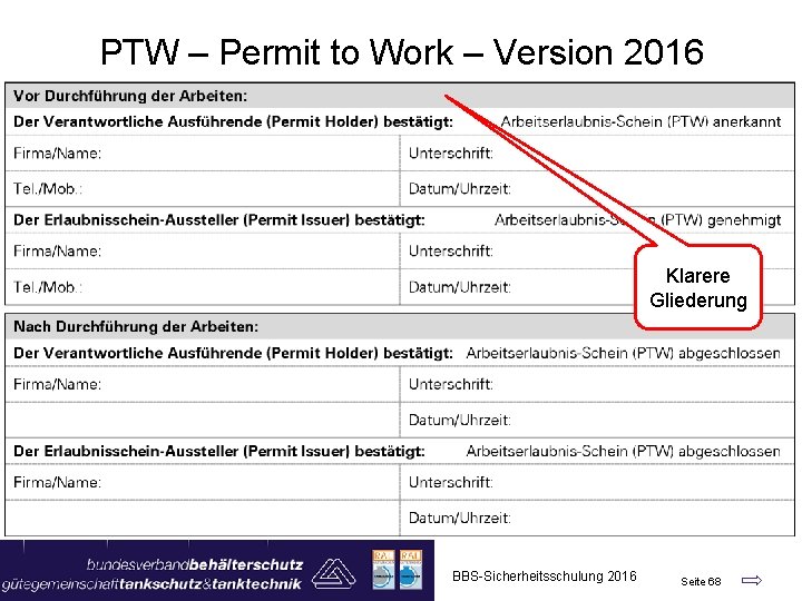 PTW – Permit to Work – Version 2016 Klarere Gliederung BBS-Sicherheitsschulung 2016 Seite 68
