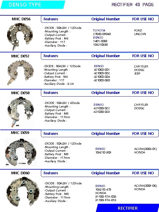 DENSO TYPE MHC D 056 Features -DIODE : 50 A 23 V / 12