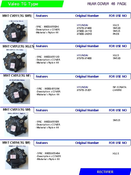 Valeo TG Type MHT CV 011(TG SM 5) Features -SPEC : B 8002655096 -Description