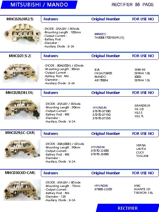 MITSUBISHI / MANDO MHC 026(HR 2. 5) Features -DIODE : 35 A 23 V