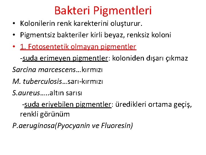 Bakteri Pigmentleri • Kolonilerin renk karekterini oluşturur. • Pigmentsiz bakteriler kirli beyaz, renksiz koloni