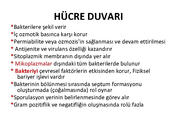 HÜCRE DUVARI *Bakterilere şekil verir *İç ozmotik basınca karşı korur *Permiabilite veya ozmozis’in sağlanması