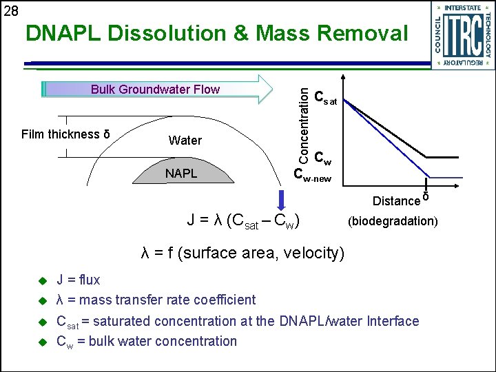 28 Bulk Groundwater Flow Film thickness δ Water NAPL Concentration DNAPL Dissolution & Mass