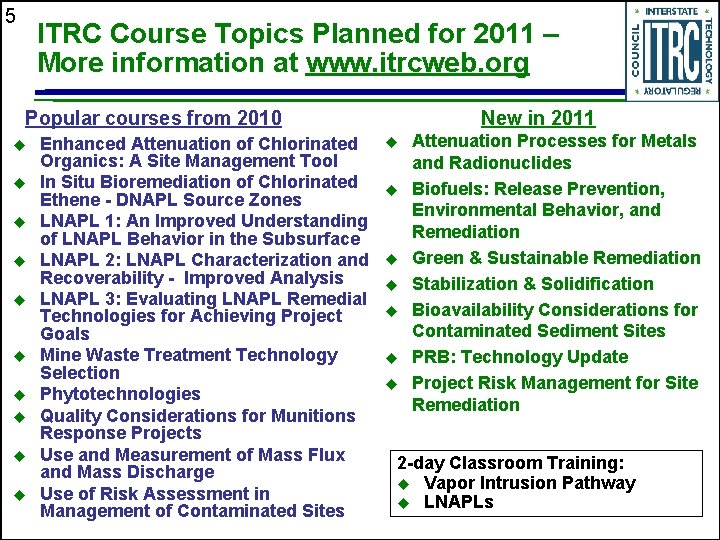 5 ITRC Course Topics Planned for 2011 – More information at www. itrcweb. org