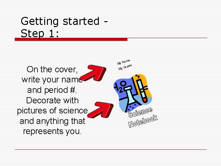 Getting started Step 1: On the cover, write your name and period #. Decorate