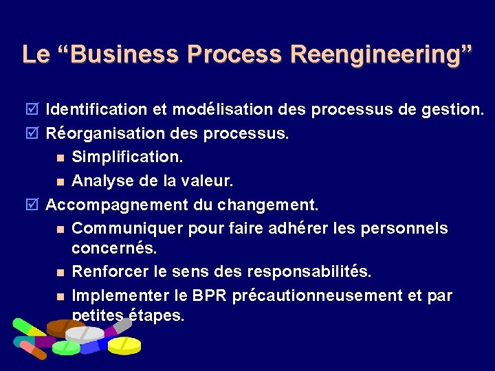 Le “Business Process Reengineering” þ Identification et modélisation des processus de gestion. þ Réorganisation