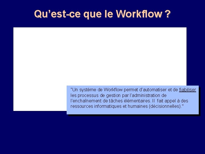 Qu’est-ce que le Workflow ? ”Un système de Workflow permet d’automatiser et de fiabiliser