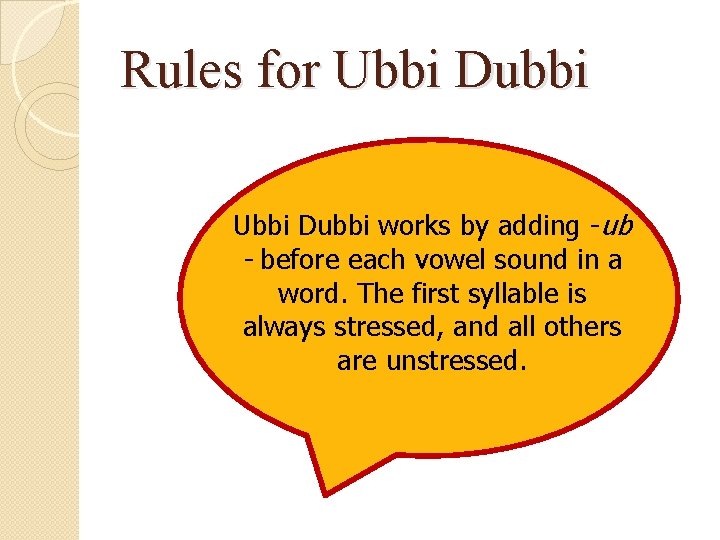 Rules for Ubbi Dubbi works by adding -ub - before each vowel sound in