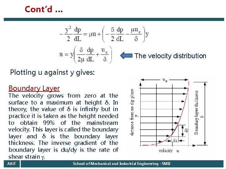 Cont’d … The velocity distribution Plotting u against y gives: Boundary Layer The velocity Cont’d … The velocity distribution Plotting u against y gives: Boundary Layer The velocity