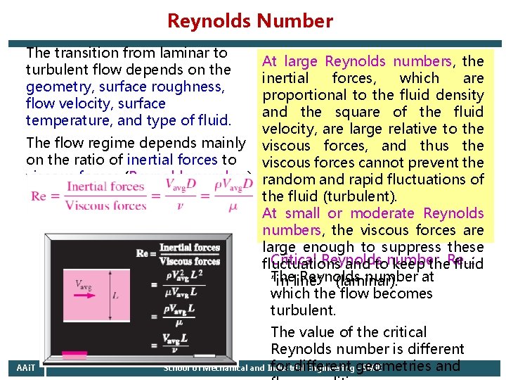 Reynolds Number The transition from laminar to turbulent flow depends on the geometry, surface Reynolds Number The transition from laminar to turbulent flow depends on the geometry, surface