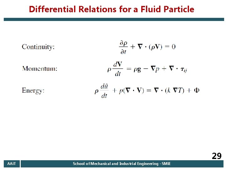 Differential Relations for a Fluid Particle AAi. T School of Mechanical and Industrial Engineering Differential Relations for a Fluid Particle AAi. T School of Mechanical and Industrial Engineering