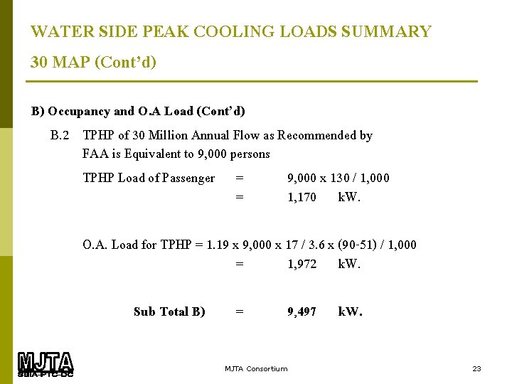 WATER SIDE PEAK COOLING LOADS SUMMARY 30 MAP (Cont’d) B) Occupancy and O. A