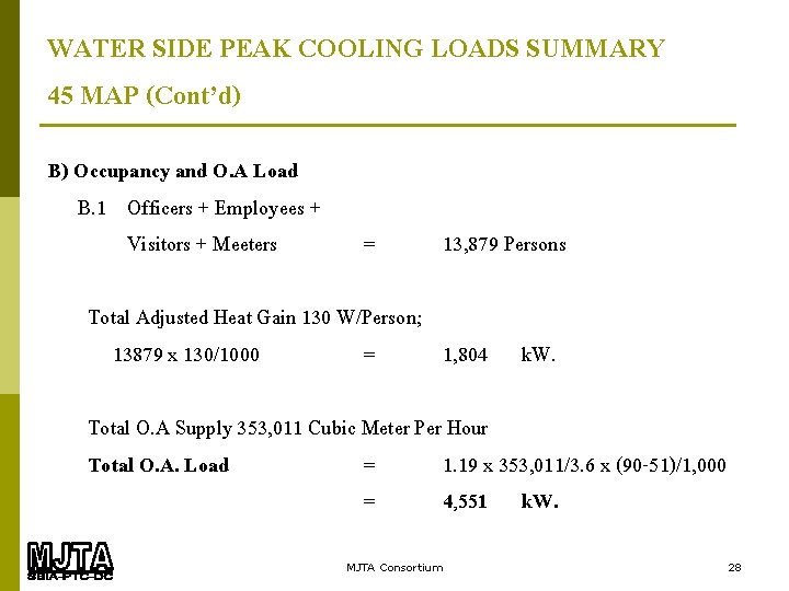WATER SIDE PEAK COOLING LOADS SUMMARY 45 MAP (Cont’d) B) Occupancy and O. A
