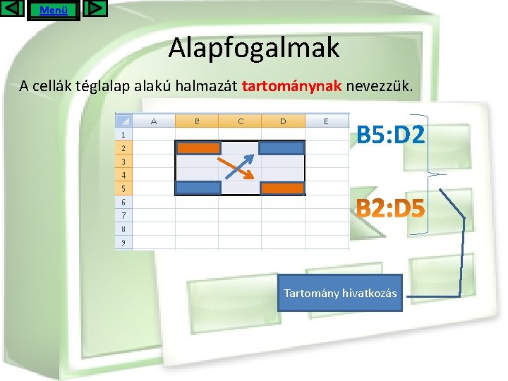 Menü Alapfogalmak A cellák téglalap alakú halmazát tartománynak nevezzük. B 5: D 2 Tartomány